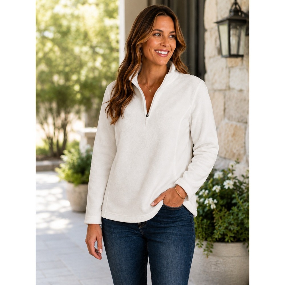 Lands End 1/4 Zip Ivory Fleece Pullover Women Large Mock Neck Outdoor Soft Layer